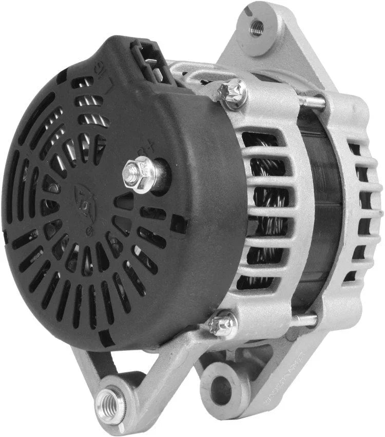 Close-up of John Deere Gator XUV825i alternator with silver metal casing and black vented cover