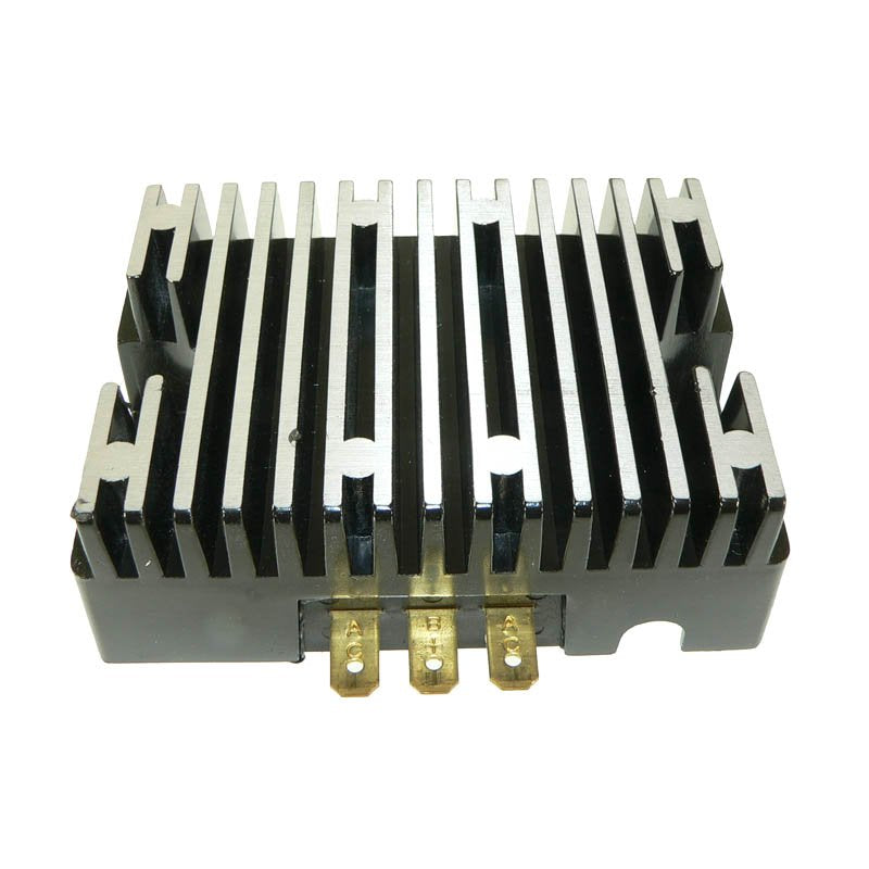 John Deere Kohler regulator rectifier with black heat sink fins and three brass electrical connectors