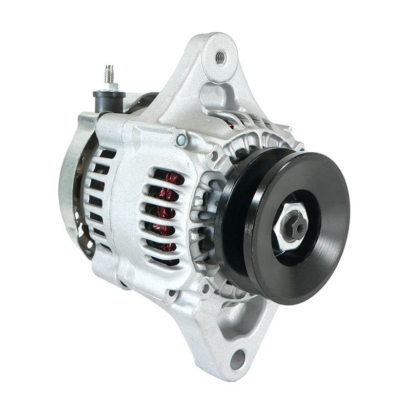 Close-up of a silver John Deere alternator with black pulley and visible copper windings