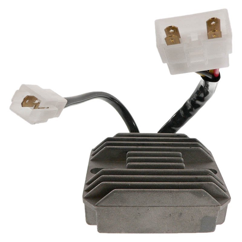 Kawasaki motorcycle engine regulator rectifier with black fins and two white electrical connectors