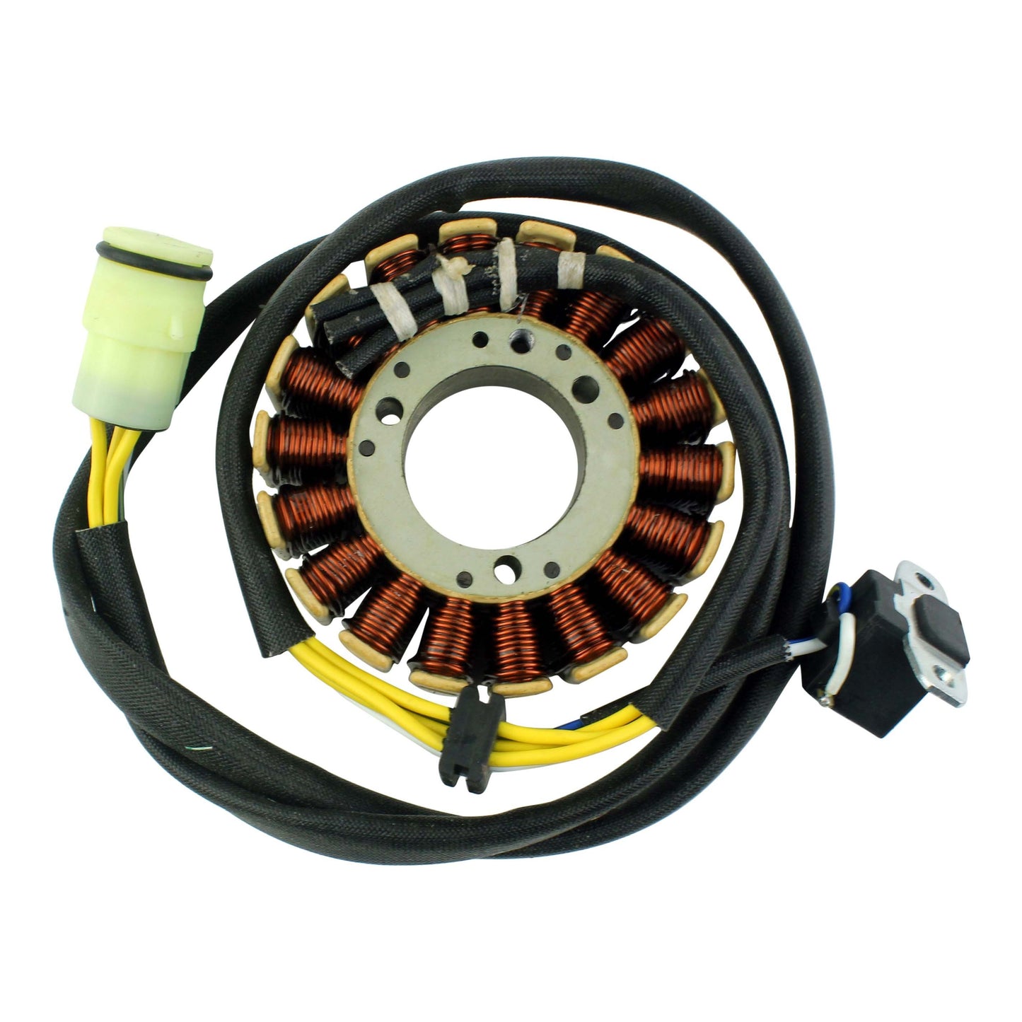 Kawasaki KFX450R stator coil with copper windings and attached black wiring harness on white background