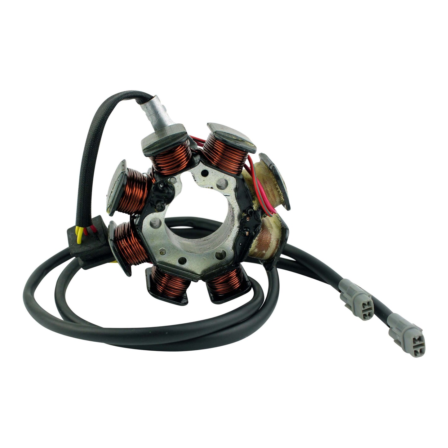 Kawasaki KLF 220 Bayou stator coil with copper winding and attached black cable with connectors