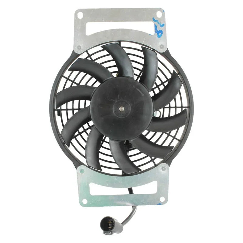Kawasaki ATV KVF750 cooling fan motor assembly with black blades and metal mounting bracket