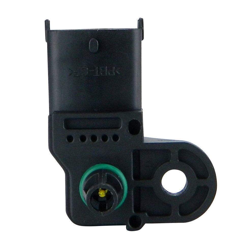 Black manifold absolute pressure sensor with green seal and connector port on white background