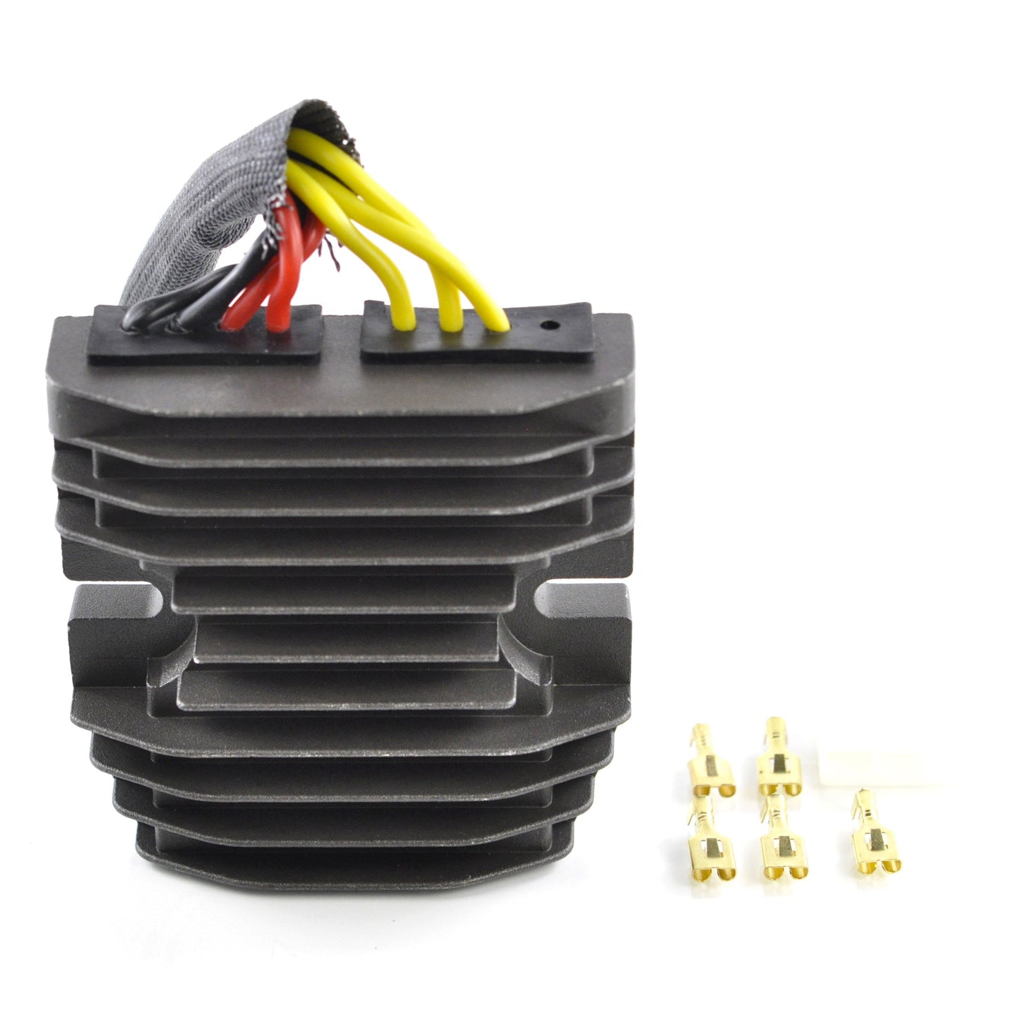 Black Mosfet regulator with yellow, red, and black wires and six gold electrical connectors