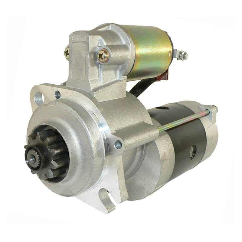 Close-up of a silver and black Onan Mitsubishi starter motor for engines on a white background