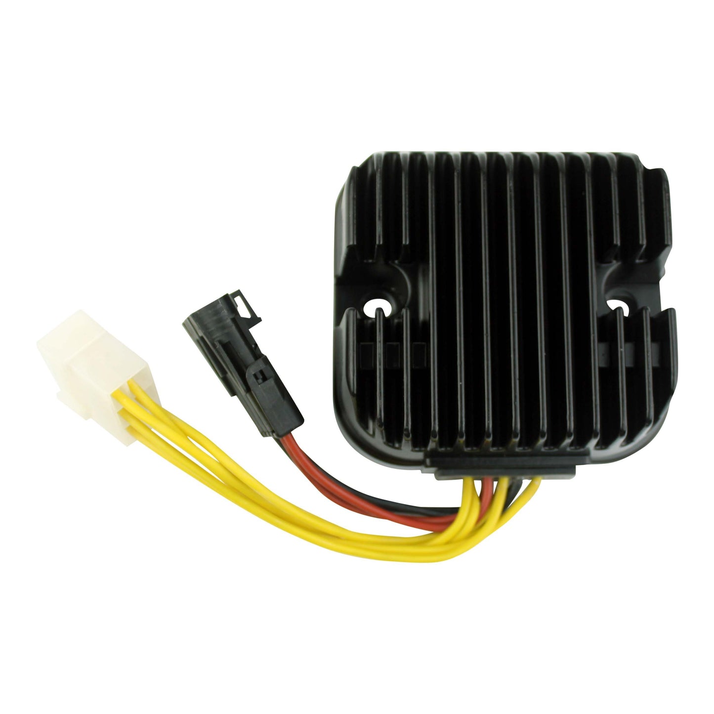 Black Polaris MOSFET regulator with yellow, red, and black wires and white and black connectors