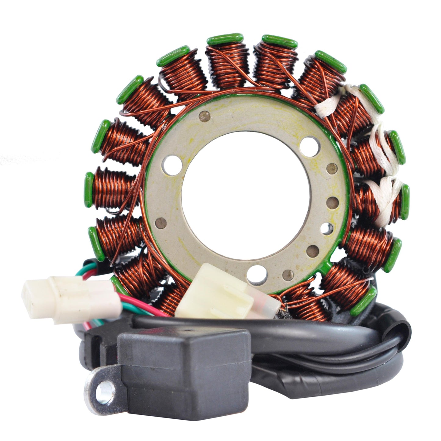 Polaris Outlaw stator coil with copper wire windings and electrical connectors on white background