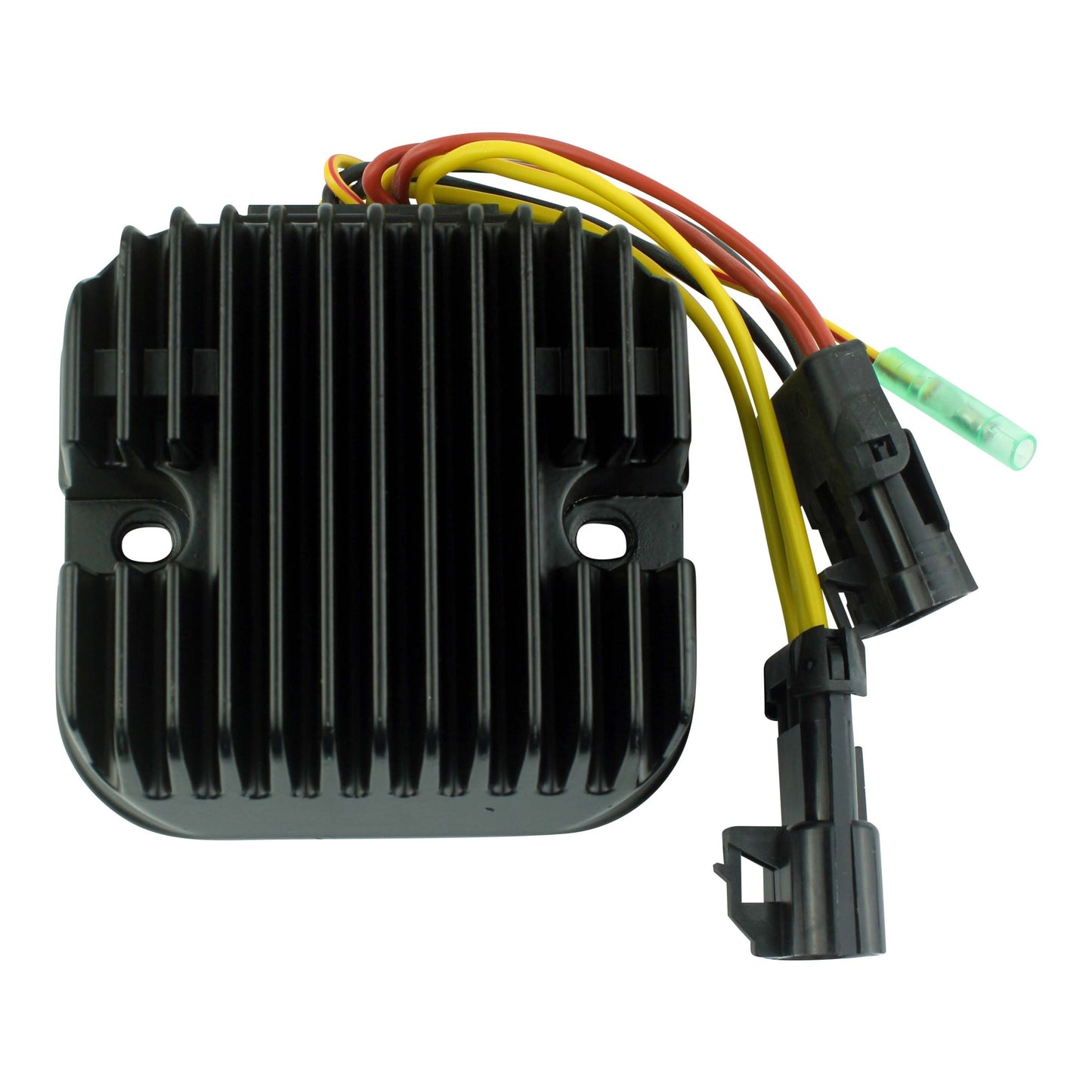Black Polaris ATV MOSFET regulator with cooling fins and yellow, red, and black wires with connectors