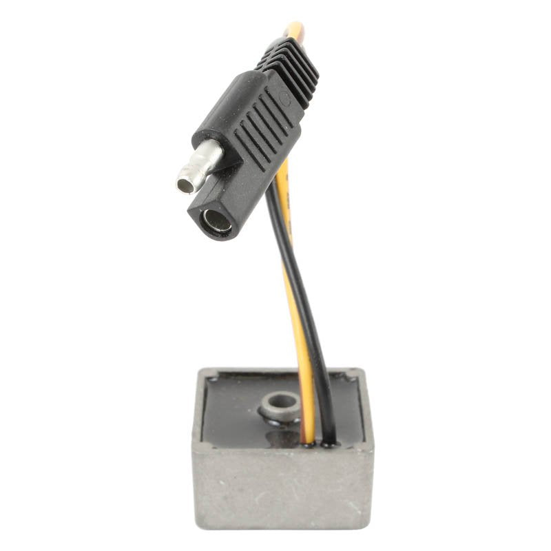 small electronic regulator component with black and yellow wires and connector plug