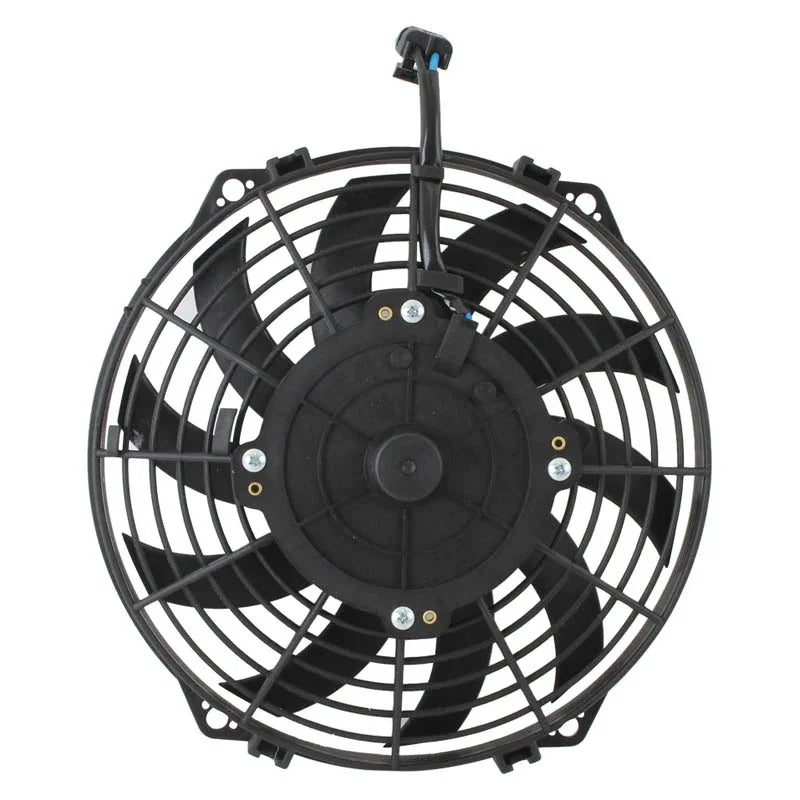 Black round electric radiator cooling fan with protective grill and connector cable