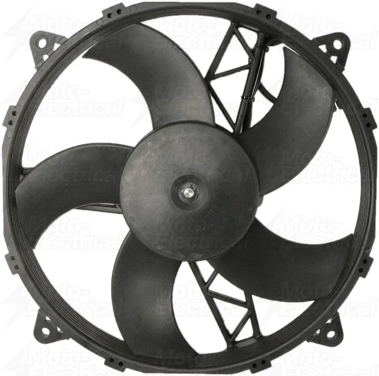 Black automotive cooling fan with five blades and mounting points, isolated on white background