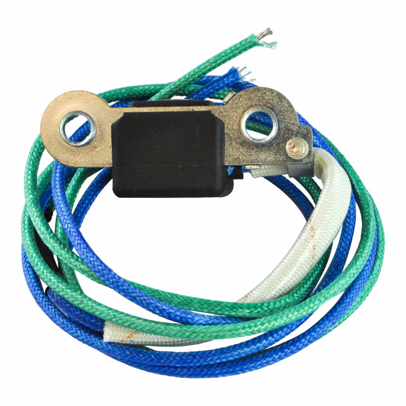 thermal fuse with attached green, blue, and white wires isolated on white background