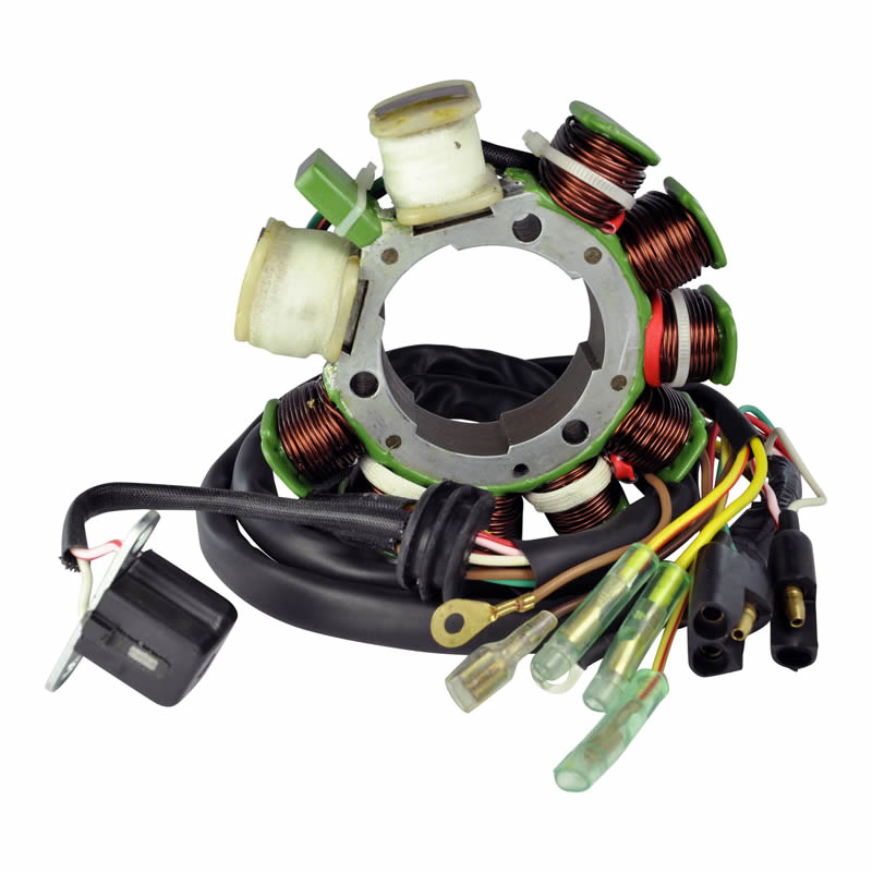 Motorcycle stator coil assembly with copper wire windings and multiple electrical connectors on white background