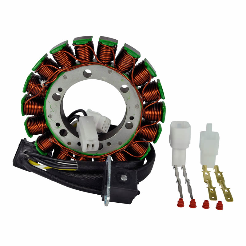 Motorcycle stator coil with copper wiring and white electrical connectors isolated on white background