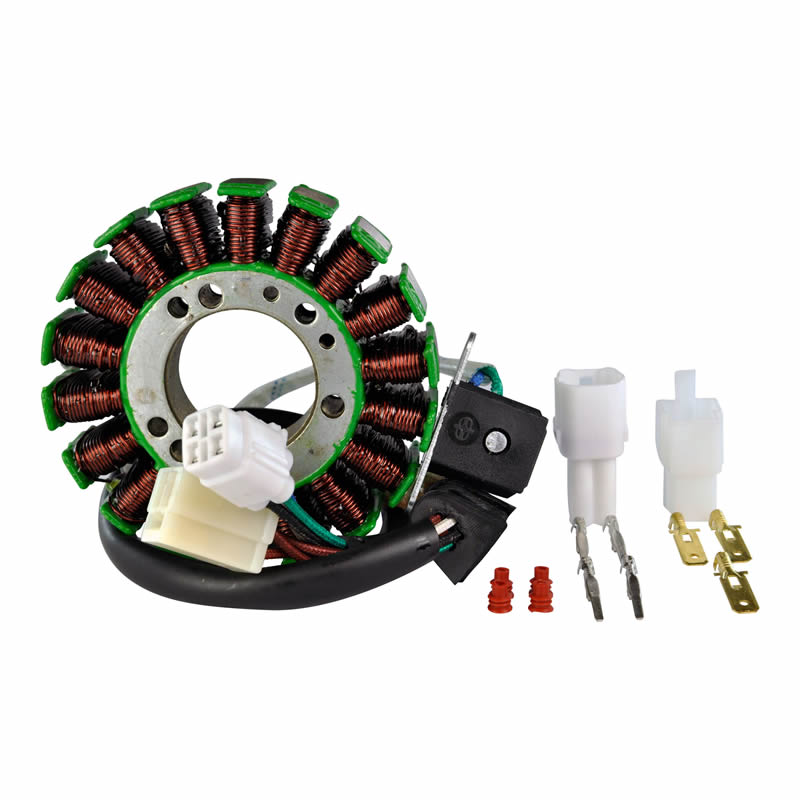 Motorcycle stator coil with copper wiring and electrical connectors on white background