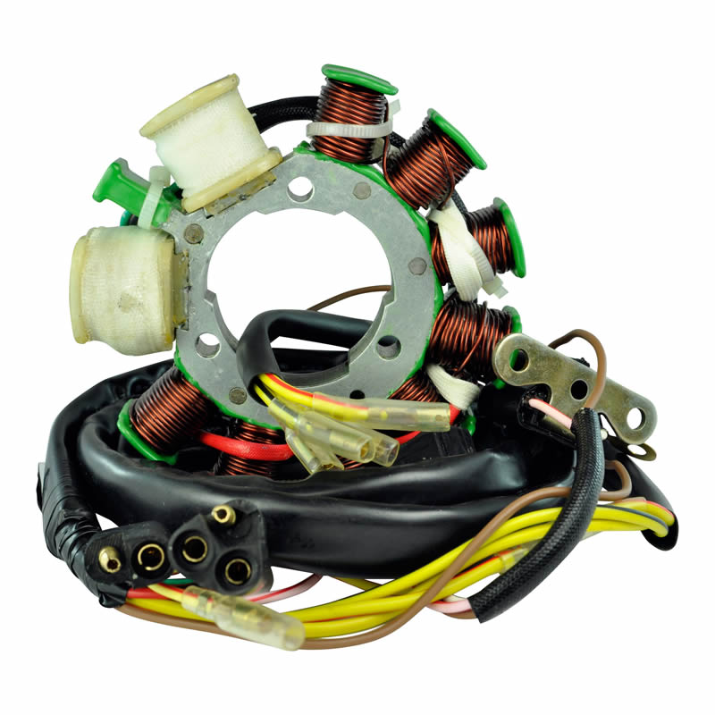 Motorcycle stator coil with multiple copper wire windings and attached black and yellow wiring harness on white background