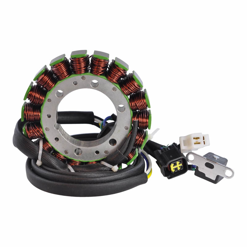 Motorcycle stator coil assembly with copper windings and electrical connectors on white background