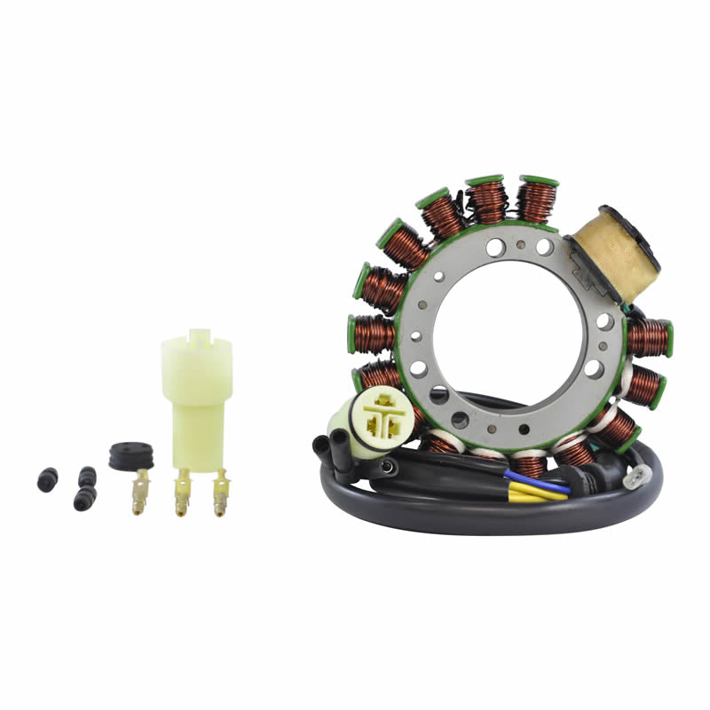 Motorcycle stator coil with copper windings and electrical connectors on white background