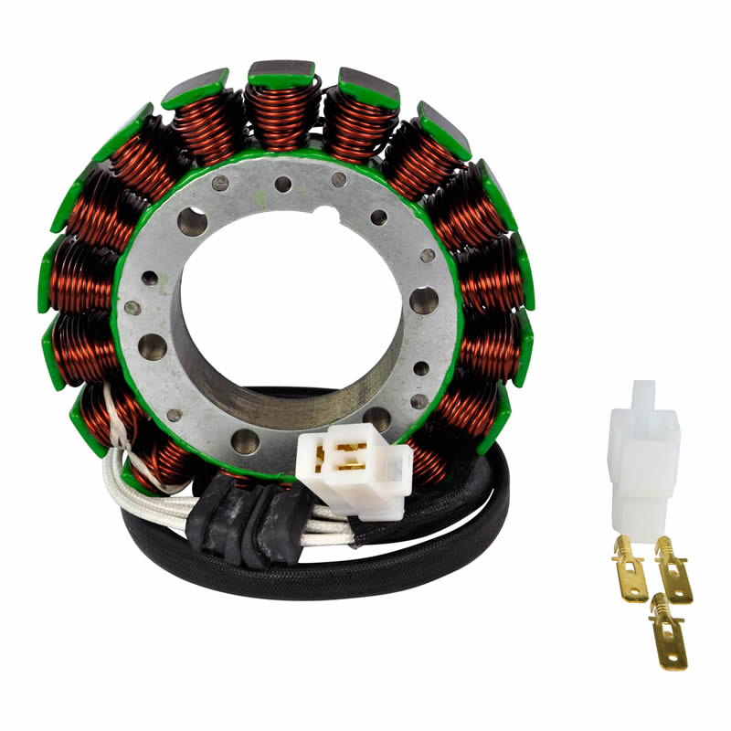 Circular motorcycle stator coil with copper wiring and a white electrical connector on a white background