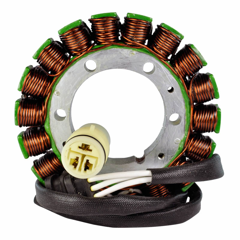 Copper wire stator coil with wiring harness and white electrical connector on white background