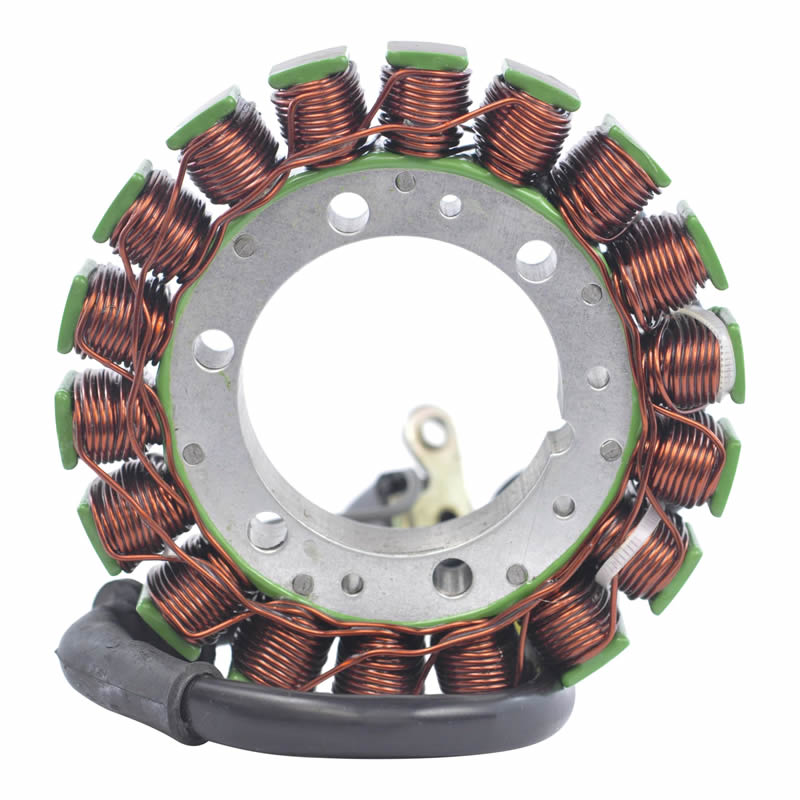 Copper wire stator coil with green insulation and black cable, isolated on white background