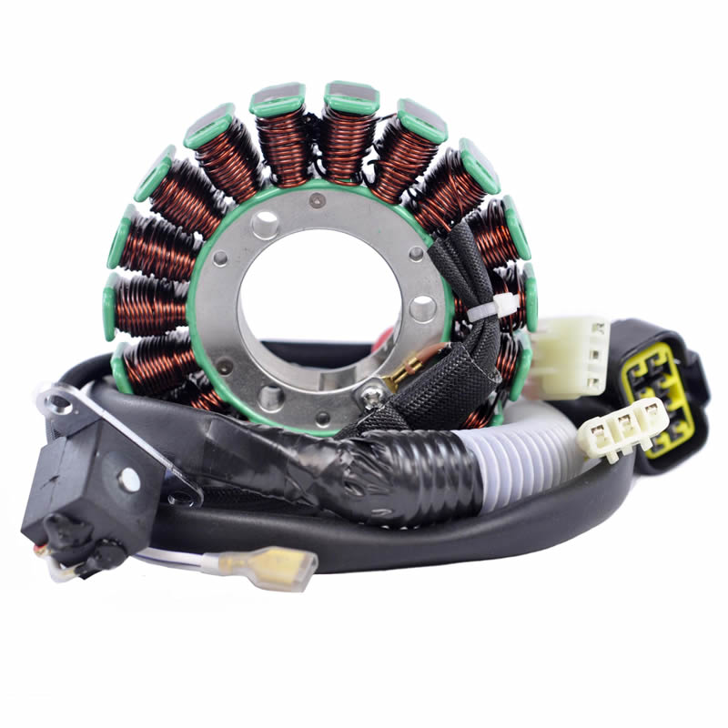 Copper coil stator with attached wiring harness and connectors on white background