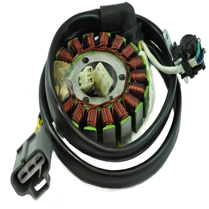 Motorcycle stator coil with copper windings and attached black electrical cables and connectors