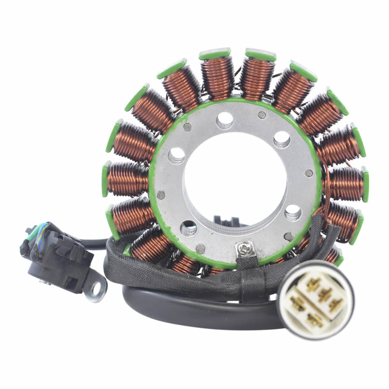 Electric motor stator coil with copper wire windings and attached wiring harness on white background