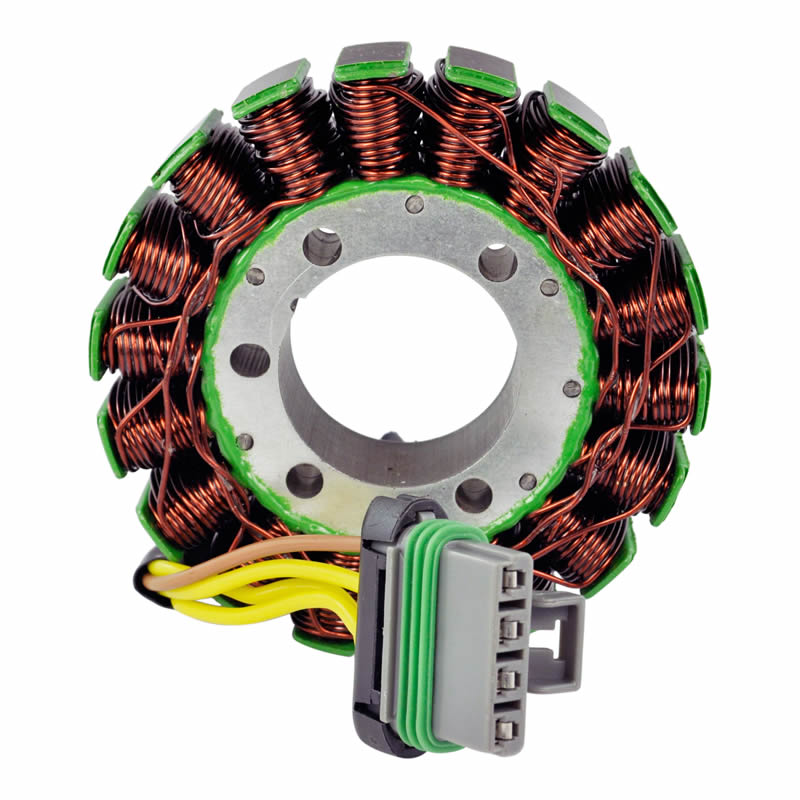Copper coil stator with green insulation and electrical connector for motor or generator