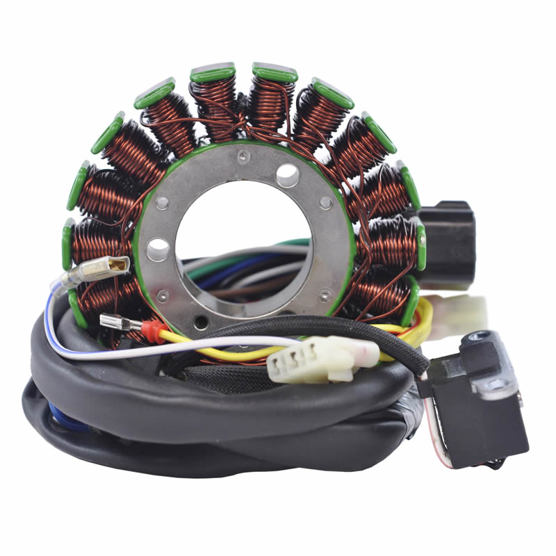 Motorcycle stator coil with copper wiring and multiple electrical connectors on white background