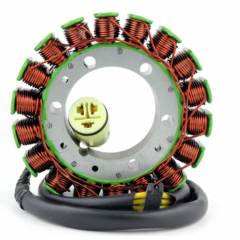 Circular motorcycle stator coil with copper wire windings and attached black wiring harness