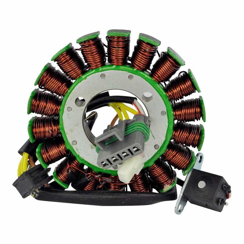 Circular copper coil stator with green mounts and attached wiring connectors on white background