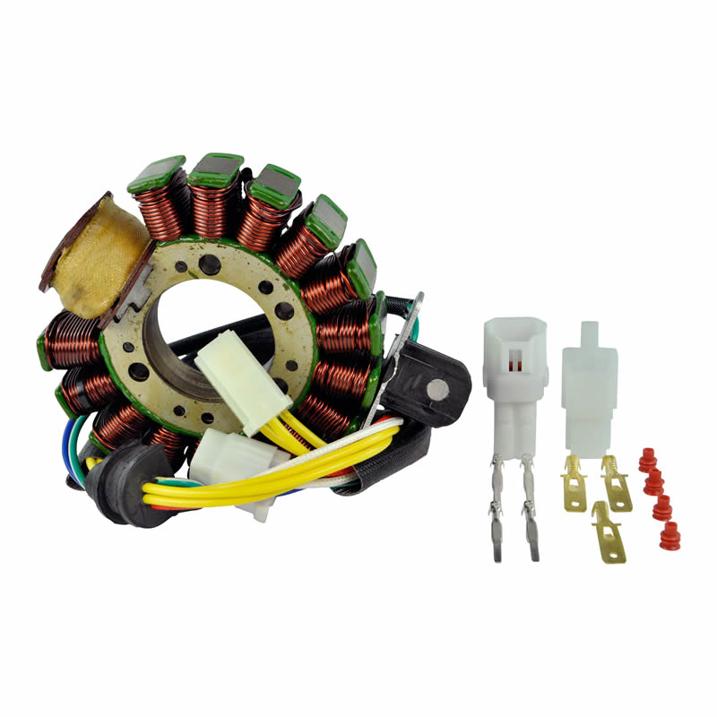 Motor stator coil with copper wiring and yellow cables alongside white electrical connectors and red terminal caps