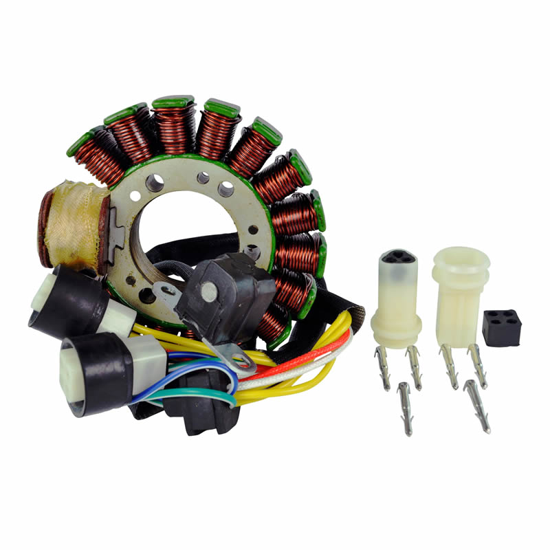 Copper coil stator assembly with wiring harness and plastic electrical connectors isolated on white