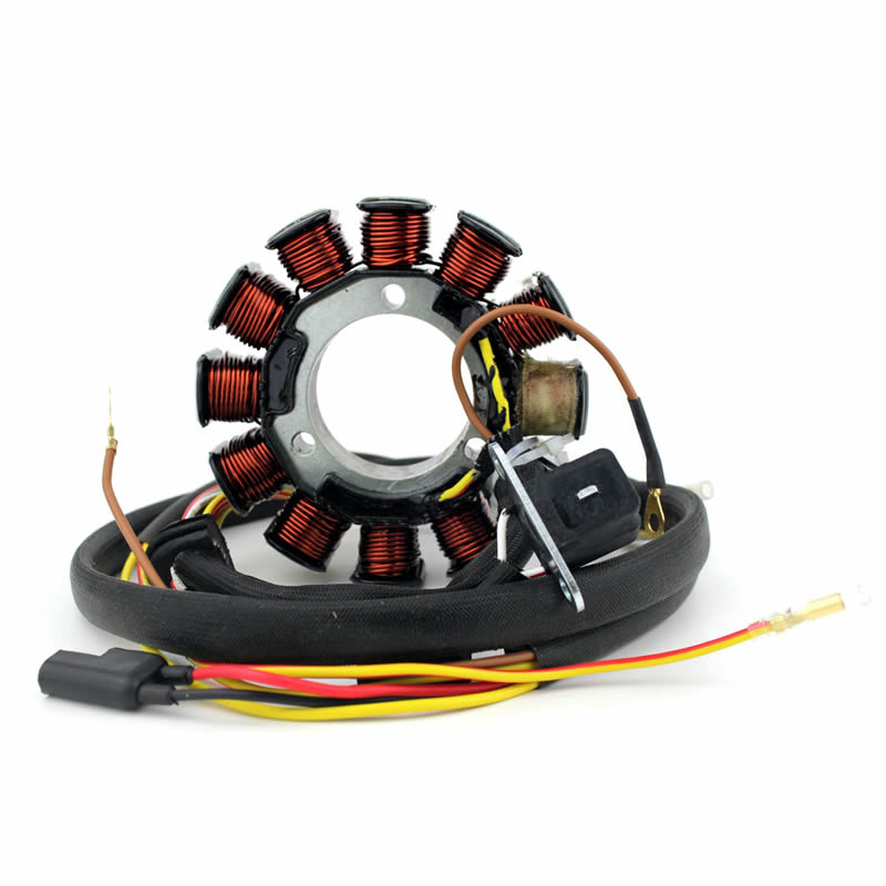 Motorcycle stator coil with multiple copper wire windings and attached wires on white background