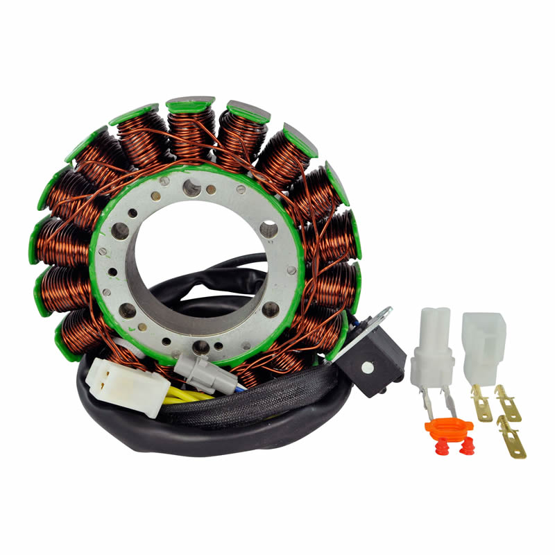 Motor stator coil with copper wire windings and electrical connectors isolated on white