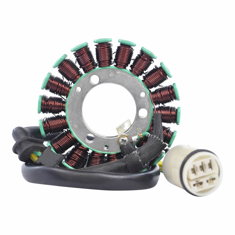 Motorcycle stator coil with copper wire windings and electrical connector on white background