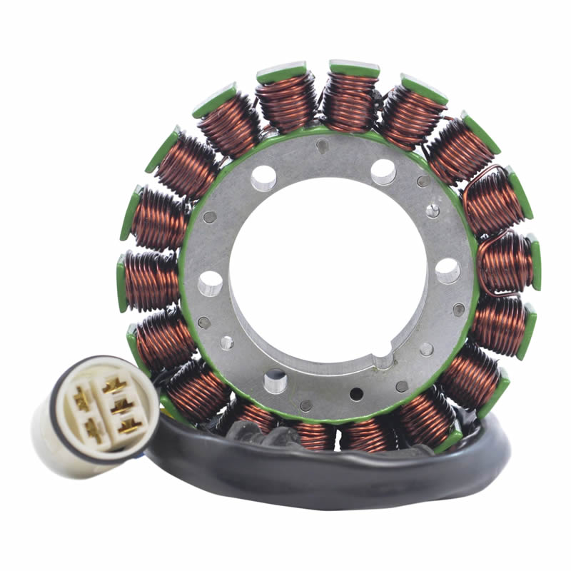 Round motorcycle stator coil with copper wire windings and multi-pin white connector