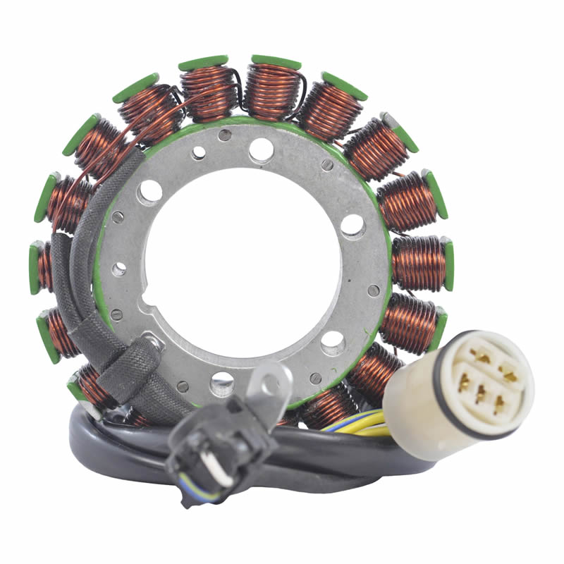 Circular motorcycle stator with copper coil windings and electrical connectors on white background