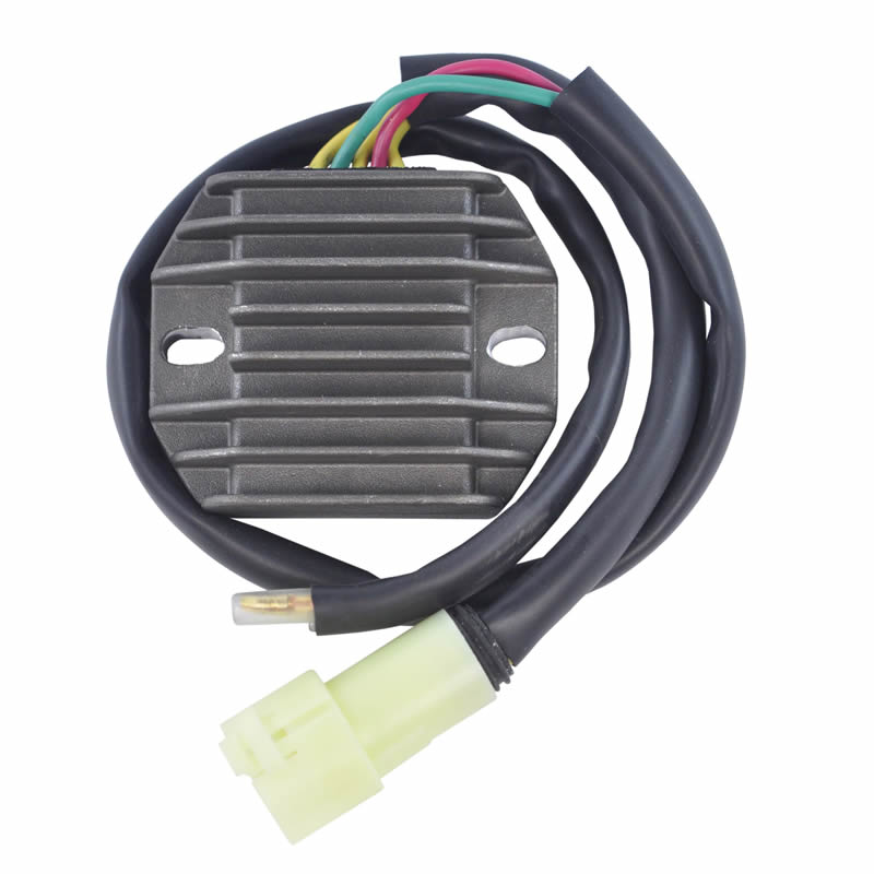 Motorcycle voltage regulator rectifier with black wiring and white connector on white background