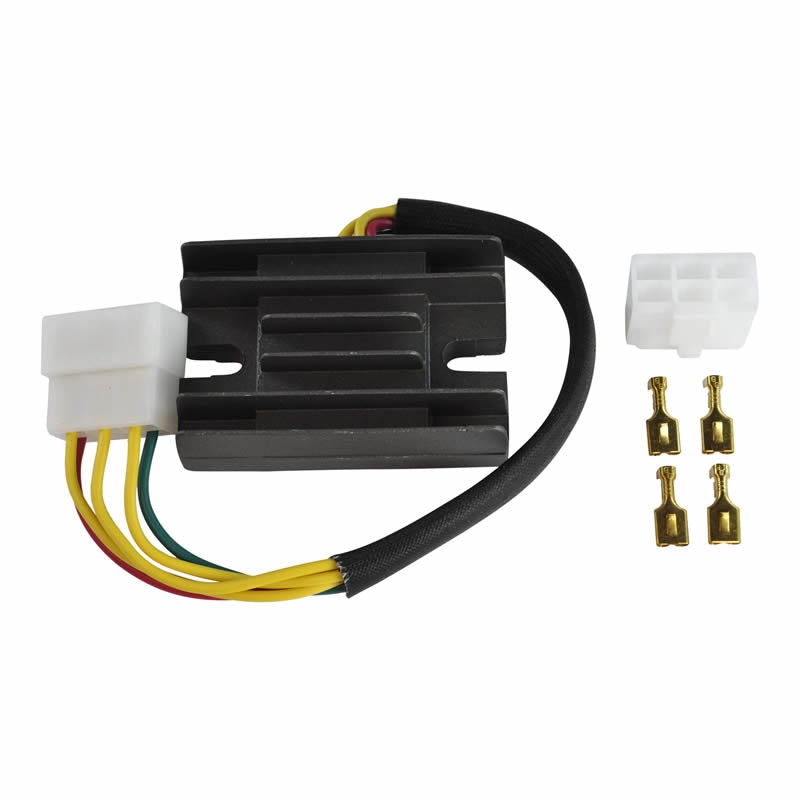Motorcycle voltage regulator rectifier with wiring harness and connectors on white background