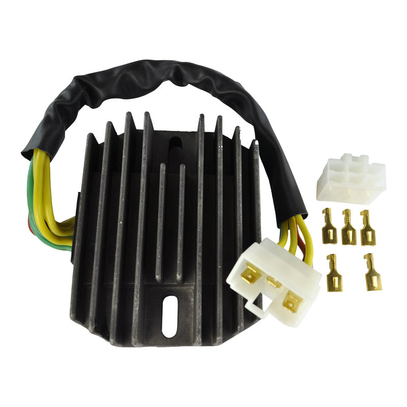 Black motorcycle voltage regulator rectifier with cooling fins, yellow wires, and white connectors