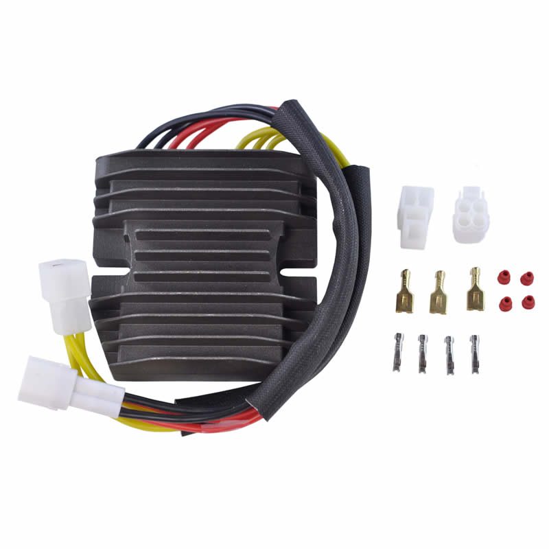 Motorcycle voltage regulator rectifier with wiring harness, connectors, and terminals on white background