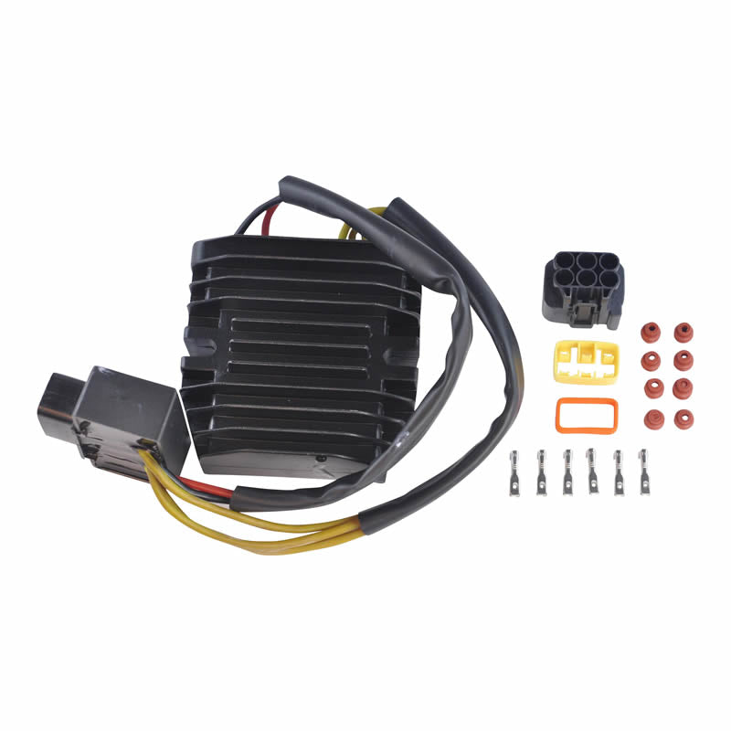 Black motorcycle voltage regulator rectifier with wiring harness and connector pins on white background