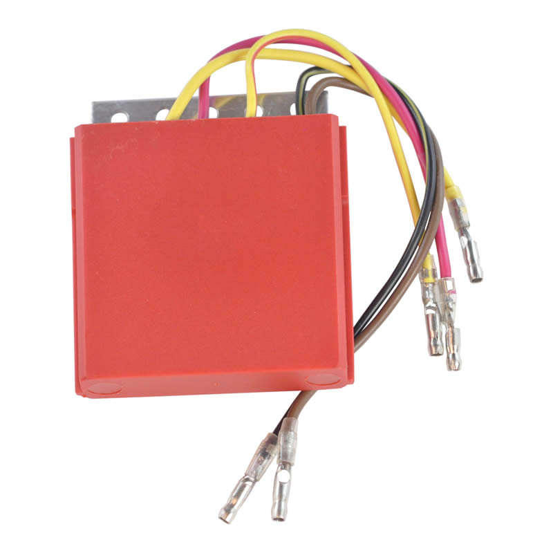 red electronic ignition module with multi-color wires and metal mounting bracket
