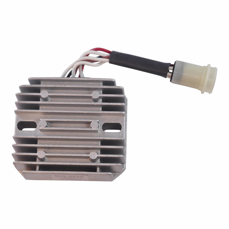 silver motorcycle voltage regulator rectifier with cooling fins and wiring harness connector
