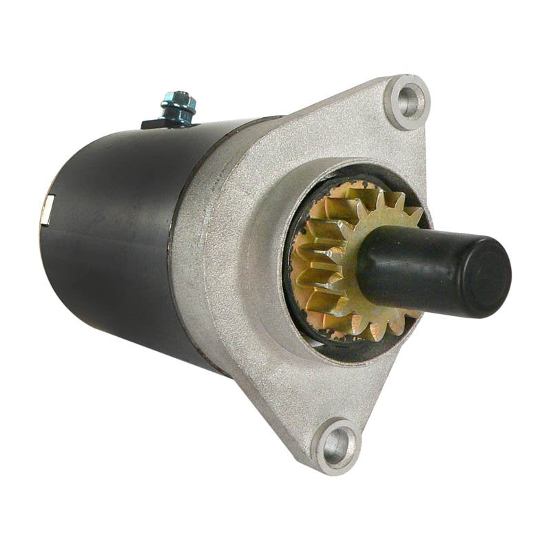 Close-up of a black and silver recreational and industrial starter motor with a gear protruding