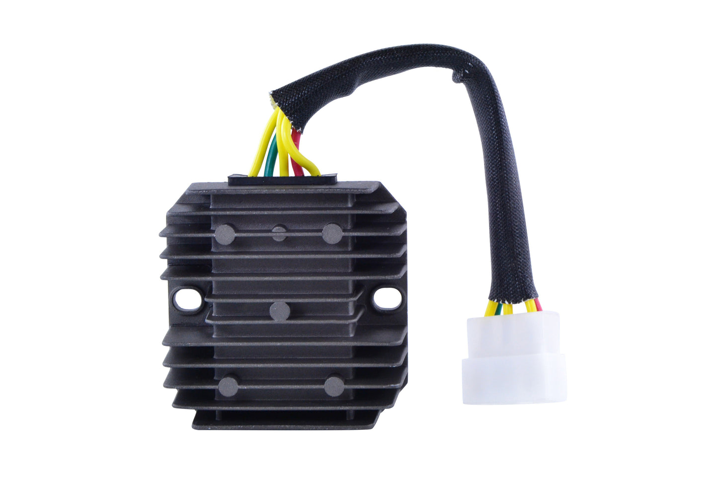 Black Polaris regulator rectifier with cooling fins and multi-colored wiring harness on white background