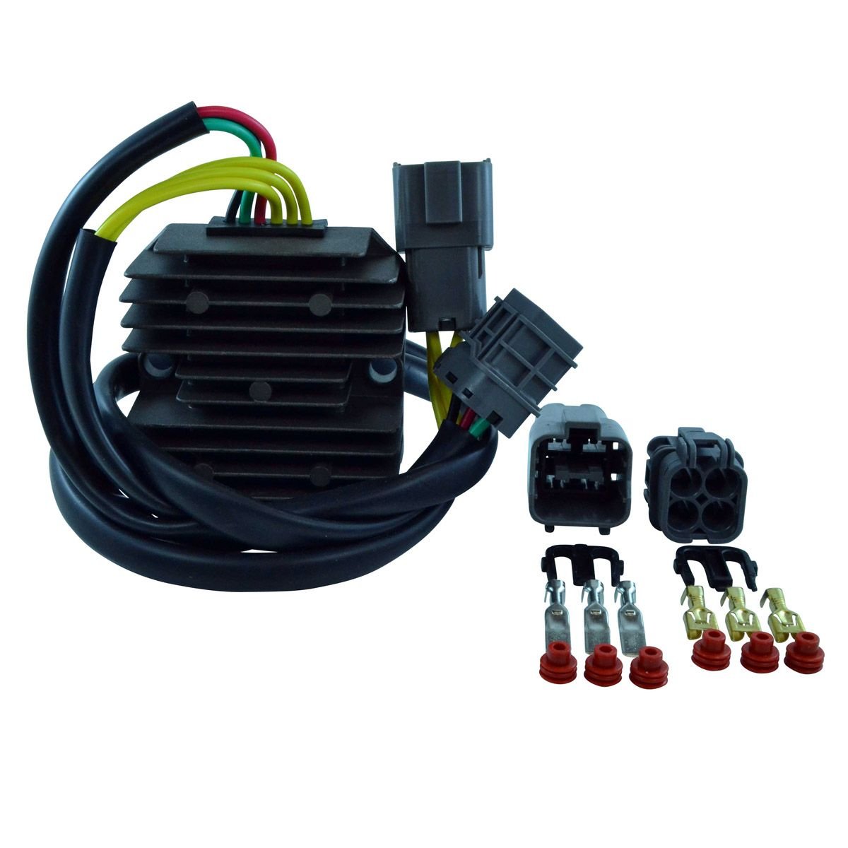 Black Kawasaki KVF300 Brute Force regulator rectifier with wiring harness and connectors on white background